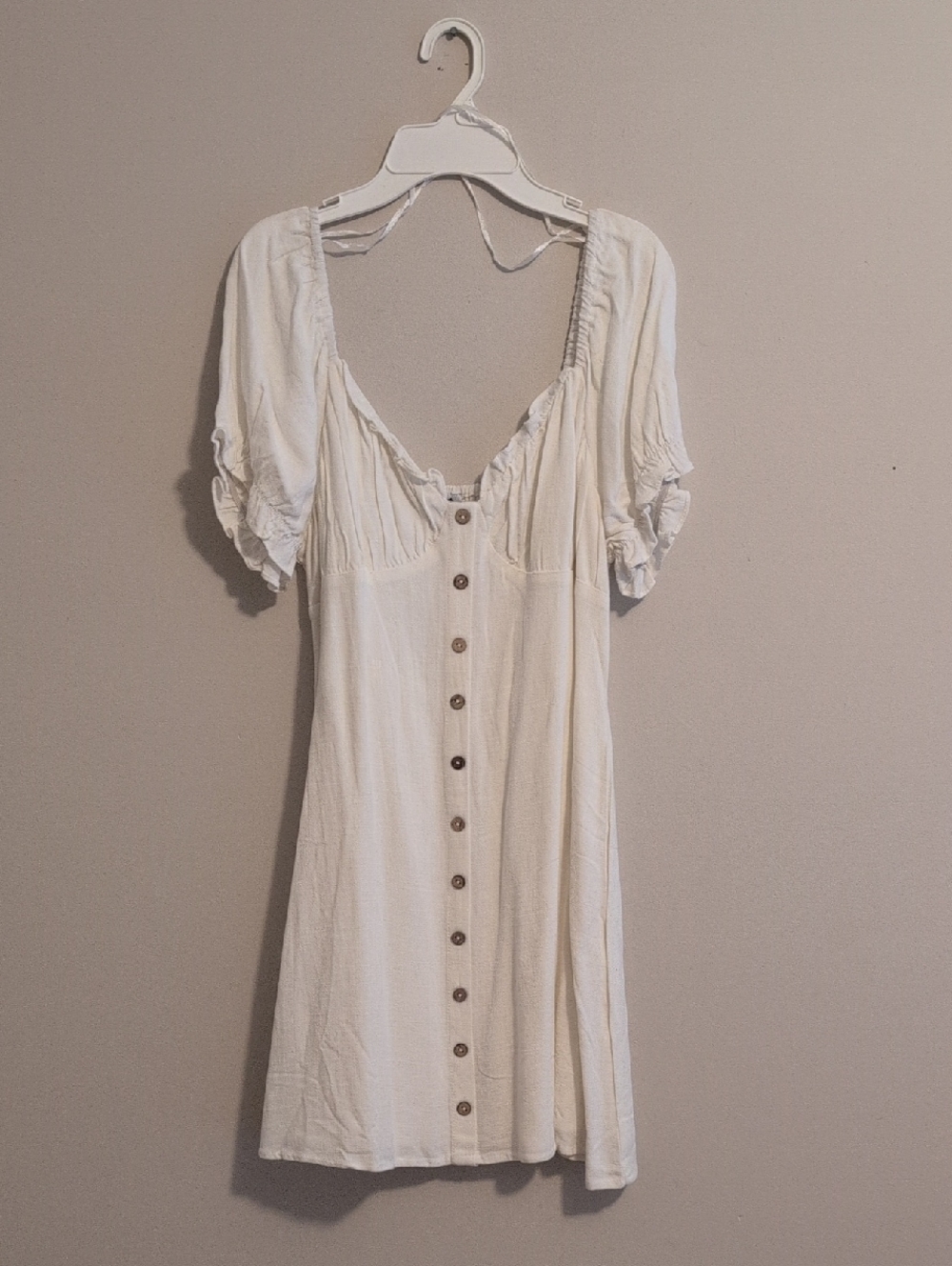 Cream Button-Front Short Dress with Puff Sleeves